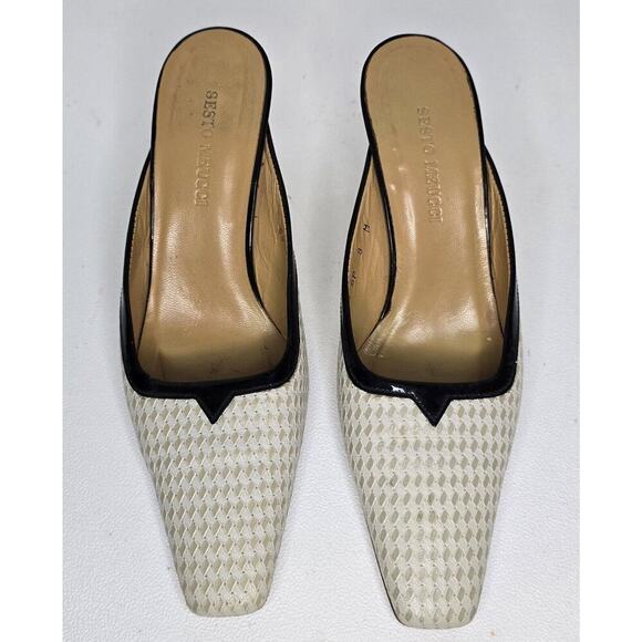 Sesto Meucci Mules Beige White Checkered Print Leather Slip On Heels Size 8 - Picture 2 of 11